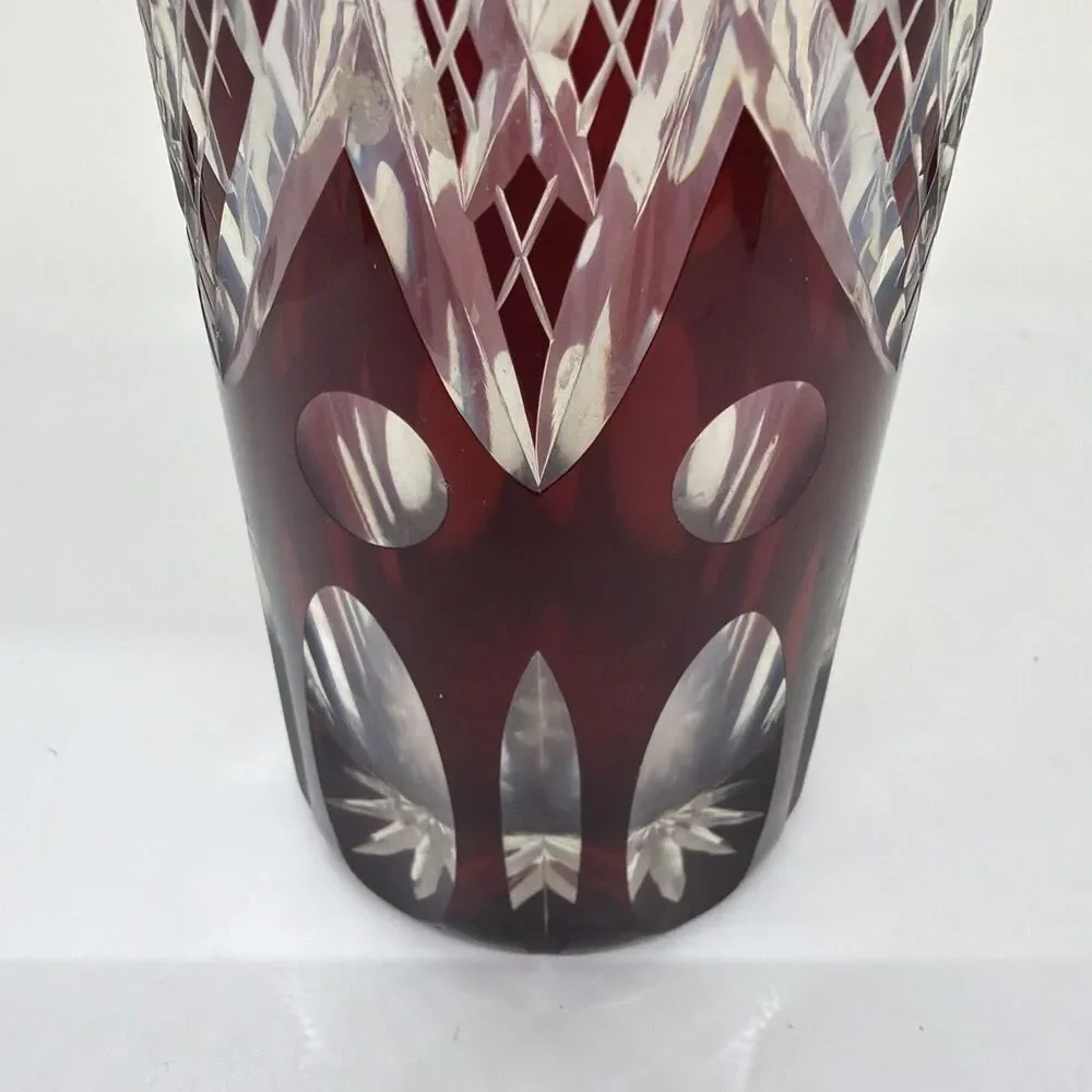 Vintage Bohemian Cut to Clear Ruby Red Cylinder Vase  12 Inches